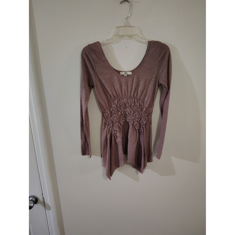 YA Los Angeles Womens Mauve Slub Knit Smocked Ruffle‎ Peplum Top Small Boho